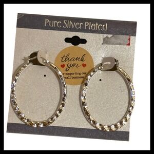 NWOT Pure Silver Plated Hoop Earrings Textured Hammered Design New on Card
